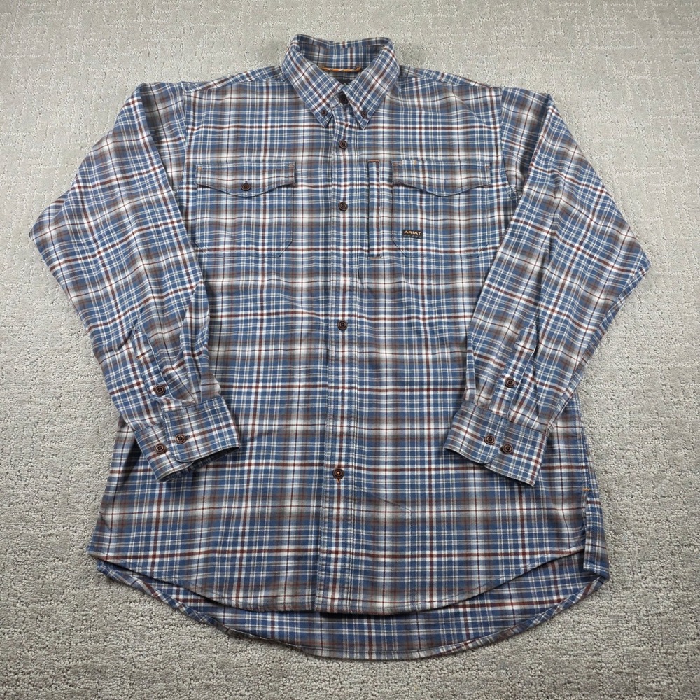 Ariat Rebar Mens Medium Blue Brown Plaid Long Sleeve Button Down Work Shirt - Picture 1 of 10